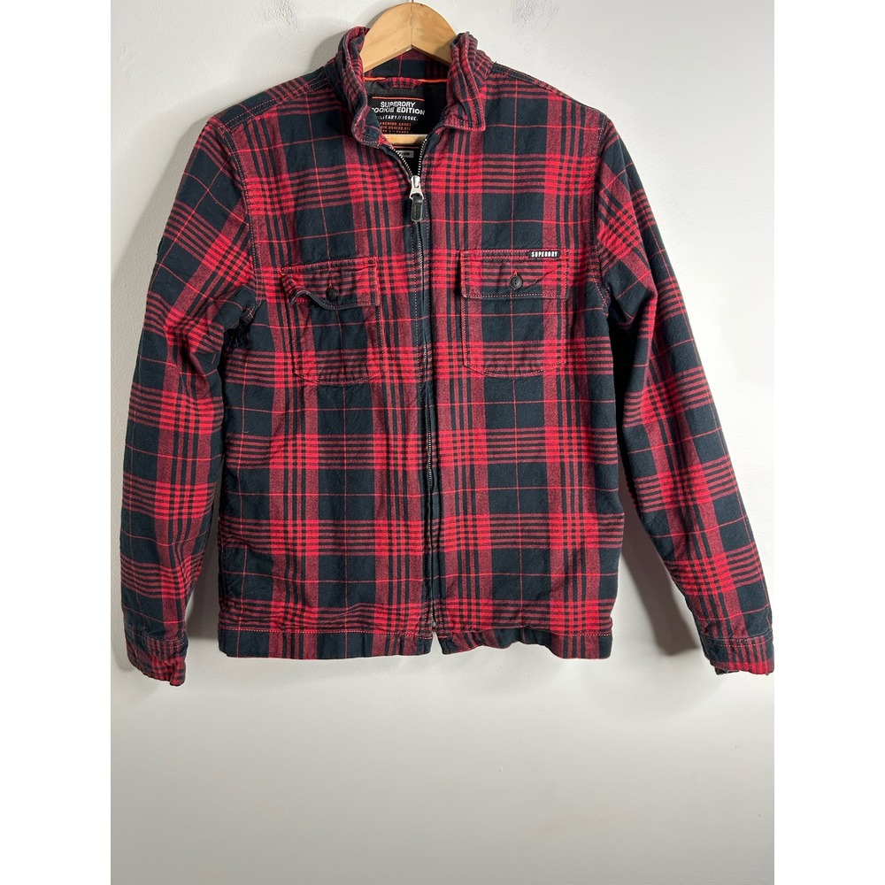 Superdry Rookie Edition Plaid Flannel Shirt Jacket Men's Medium Red Black Zip